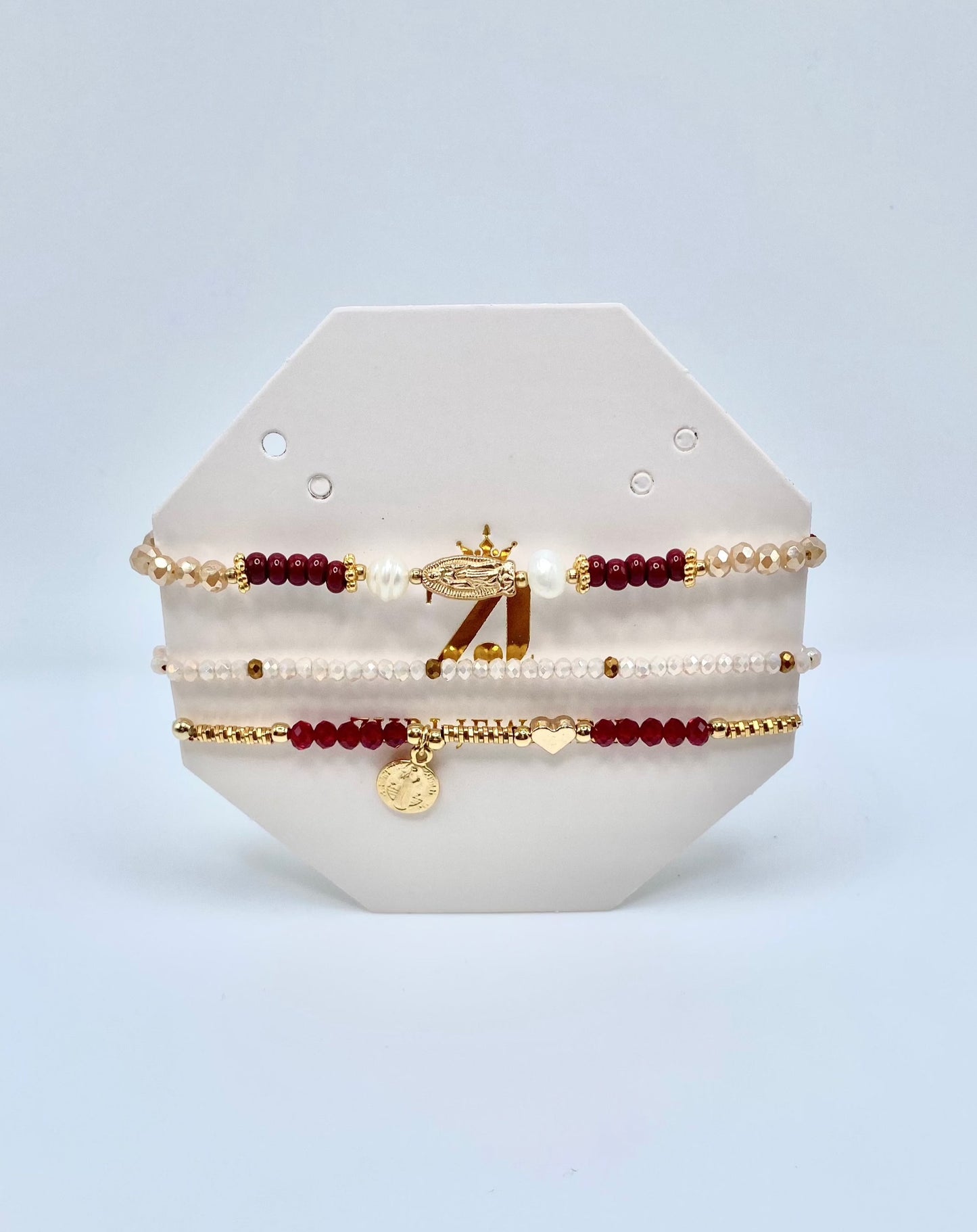 Burgundy Virgen Mary Bracelet Set